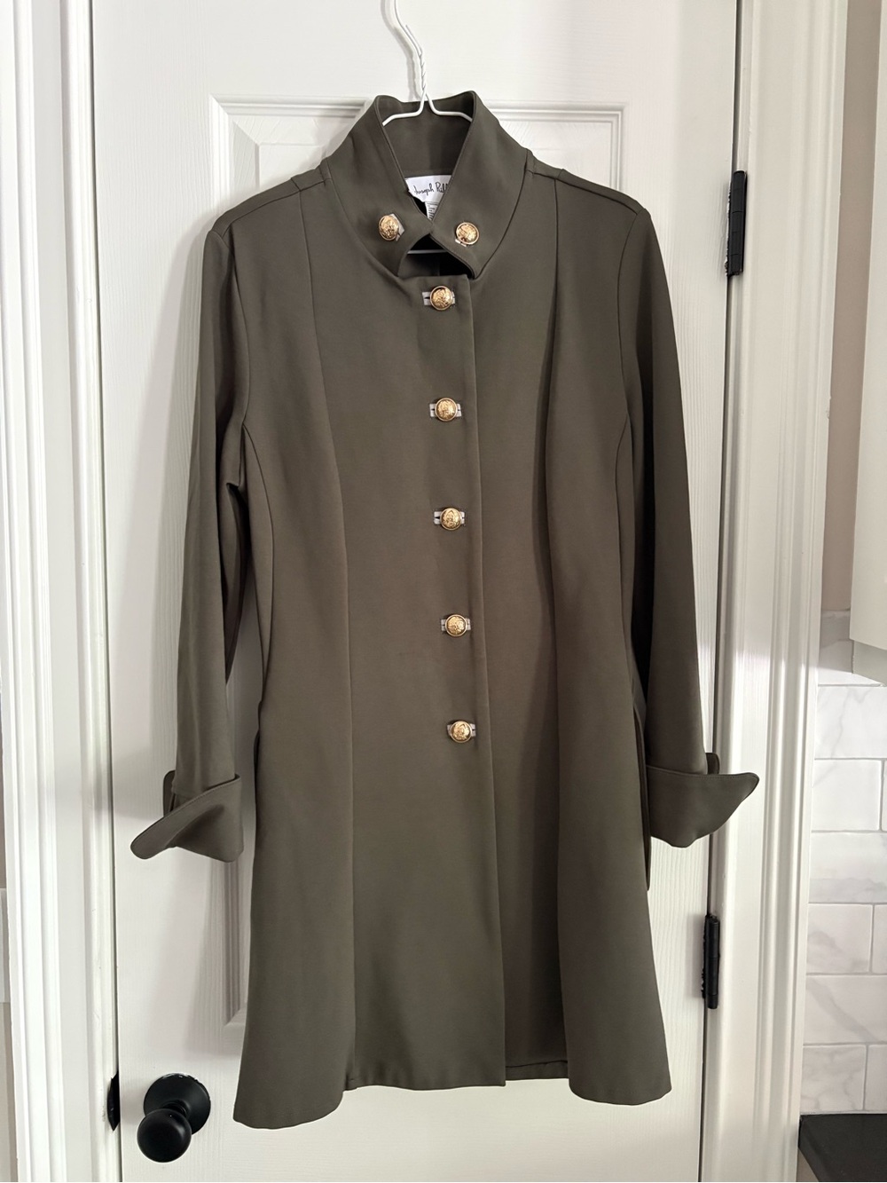 Joseph Ribkoff Olive Green Military-Style Coat with Gold Buttons Size 12